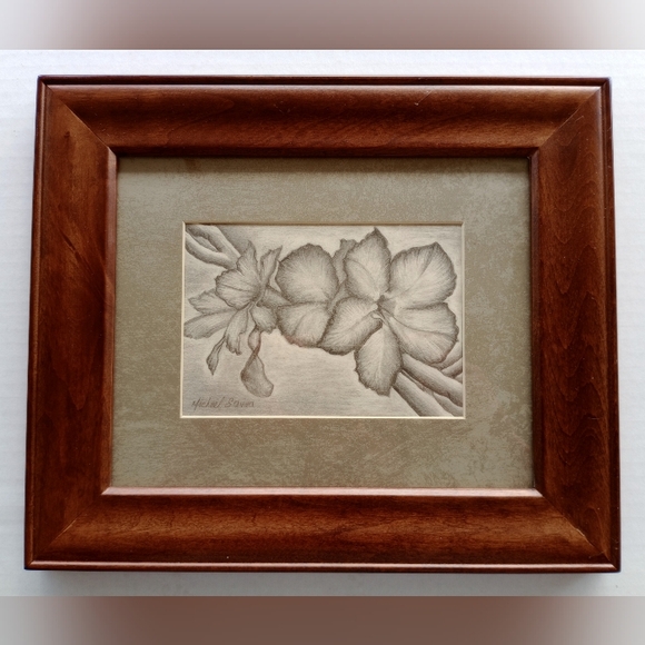 Framed Original Original Drawing of Desert Rose Floral Artwork. Signed by Artist - Picture 3 of 16